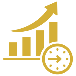 Rising bar graph with clock icon.
