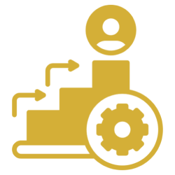 Person climbing steps with gear icon.