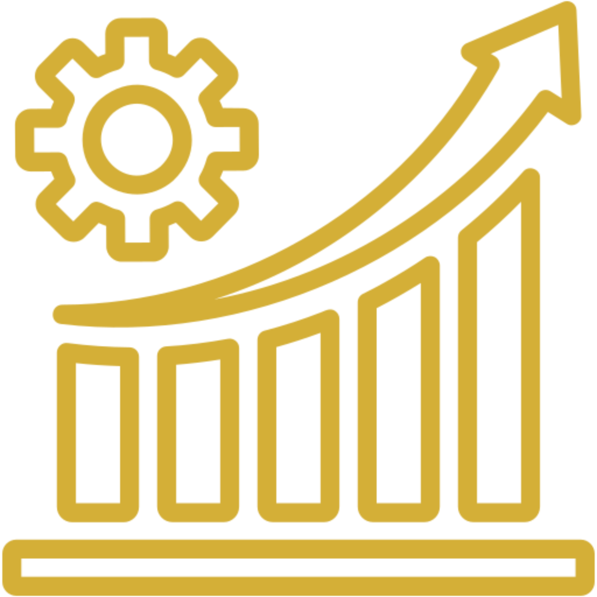 Growth chart with gear symbol and arrow.