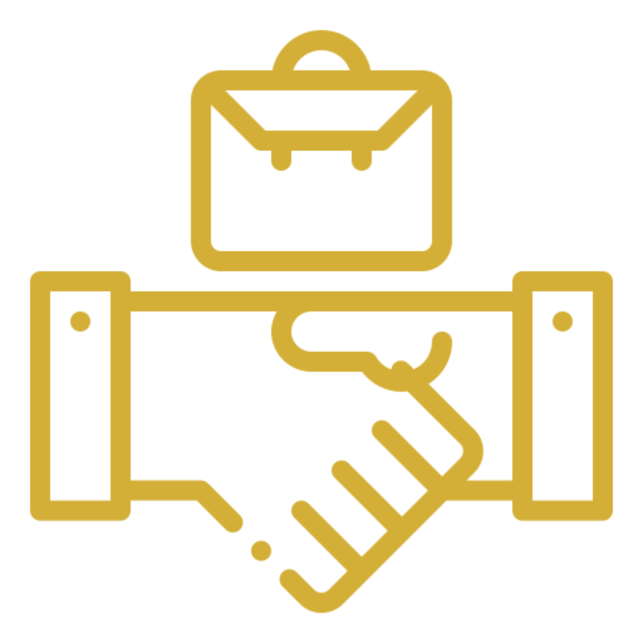Handshake and briefcase icon in gold.